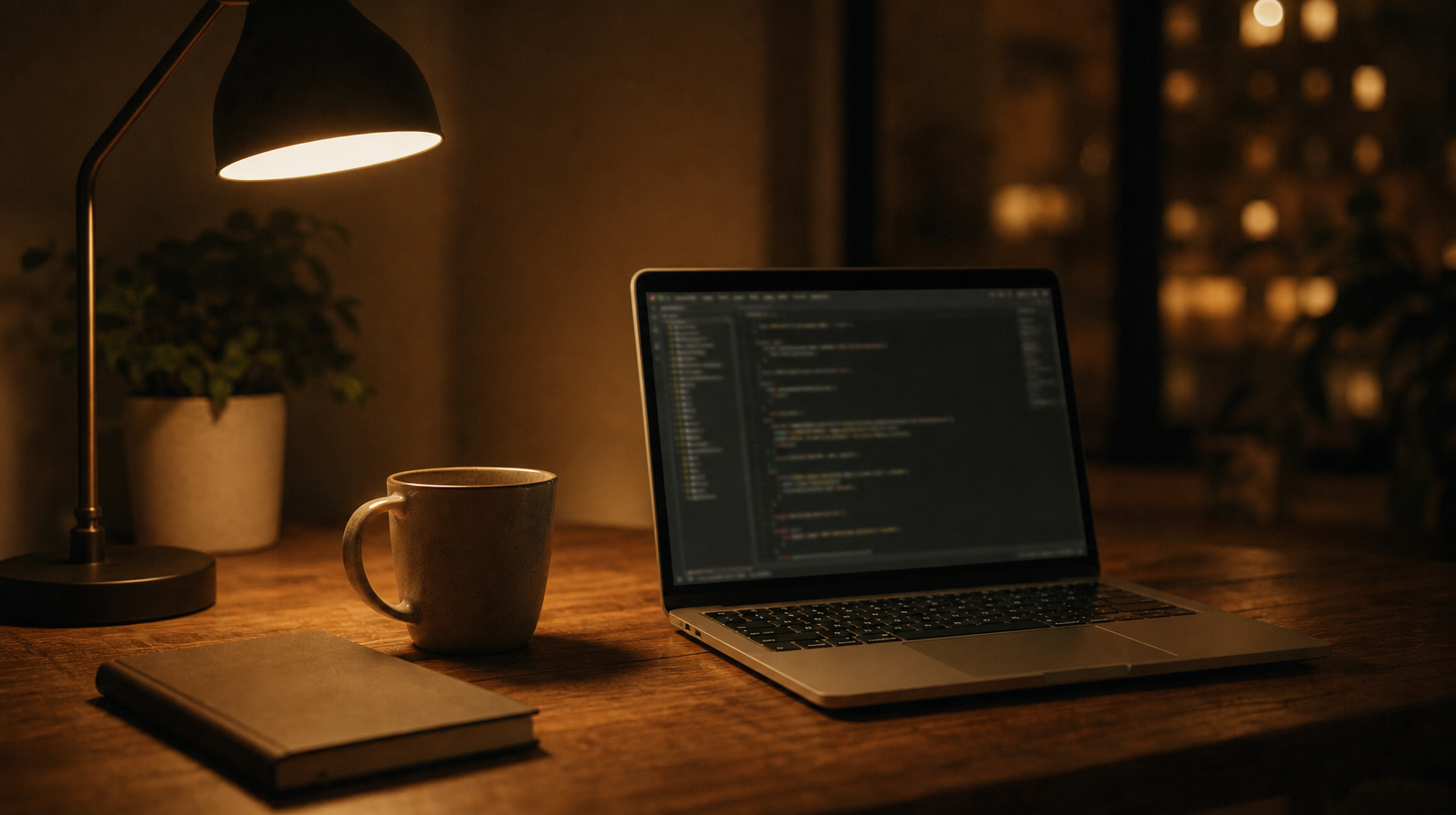 A laptop on a wooden desk at night, screen showing a dim IDE interface, warm light from a desk lamp, a coffee mug beside it. No people in frame.