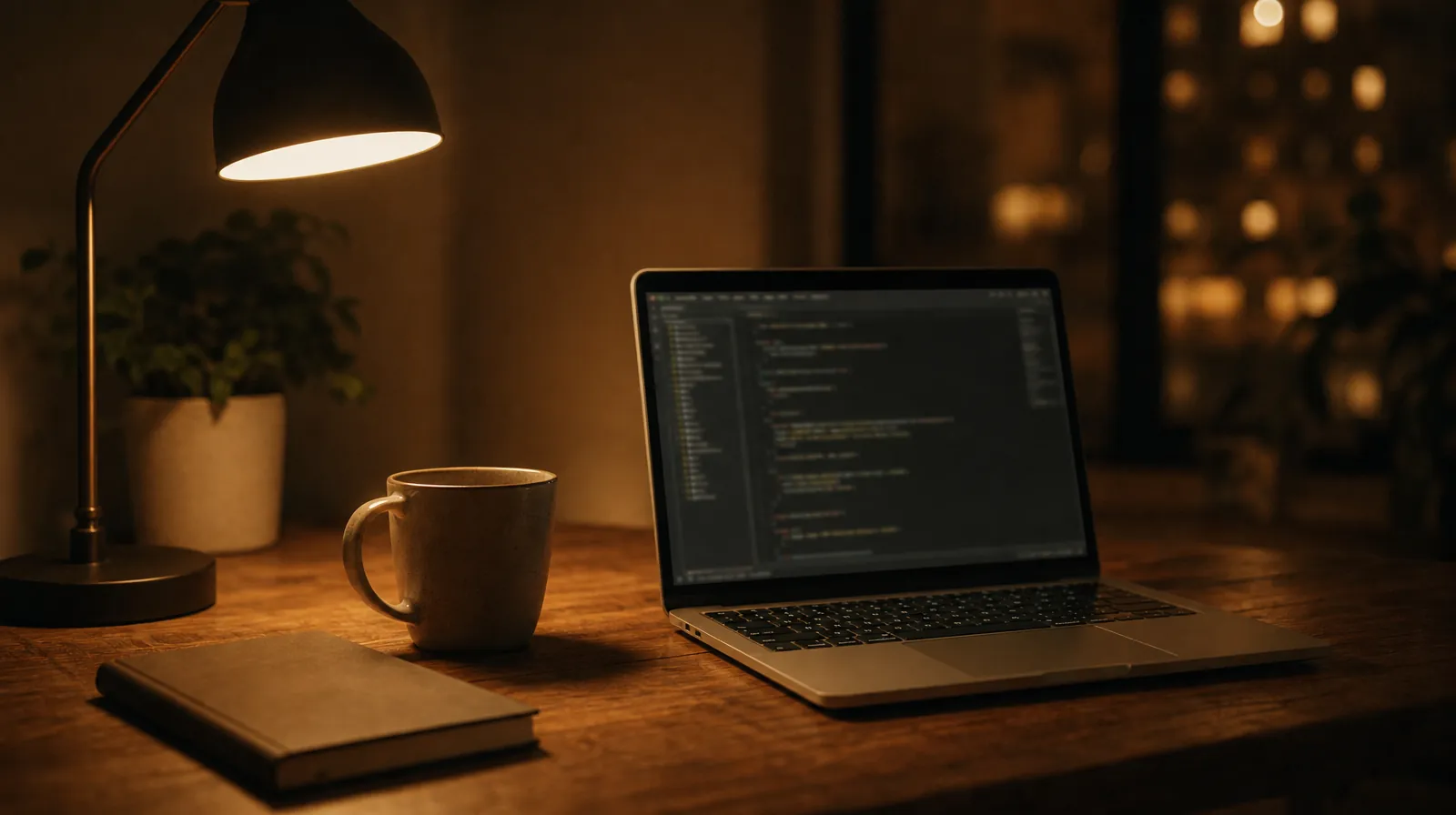 A laptop on a wooden desk at night, screen showing a dim IDE interface, warm light from a desk lamp, a coffee mug beside it. No people in frame.