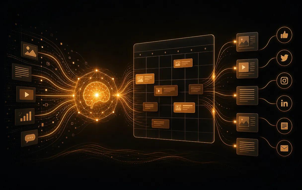 VibeCom AI marketing tool turning product context into scheduled posts across X, LinkedIn, and blogs