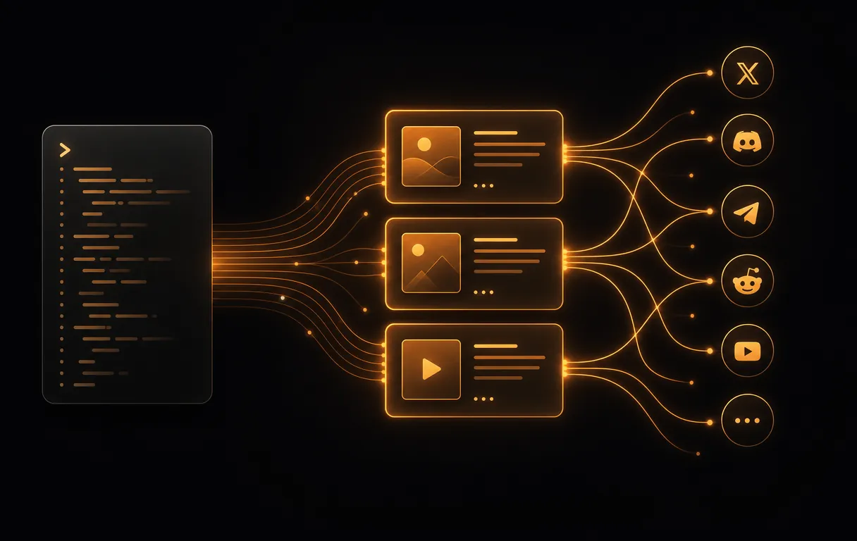 A dark terminal with a Claude Code session open. The founder types a request to draft launch posts, and VibeCom returns queued X and LinkedIn drafts over MCP, lit with a warm amber accent.