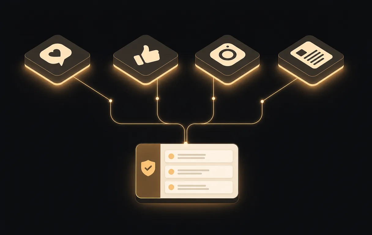 A minimal isometric illustration of channel nodes for social and blog content flowing along thin lines into a single central review-queue card, lit with a warm amber accent on a dark background.