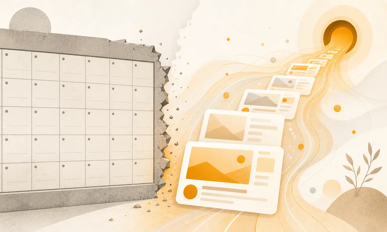 Warm amber illustration contrasting a social scheduling calendar with a product-context-driven growth review queue.