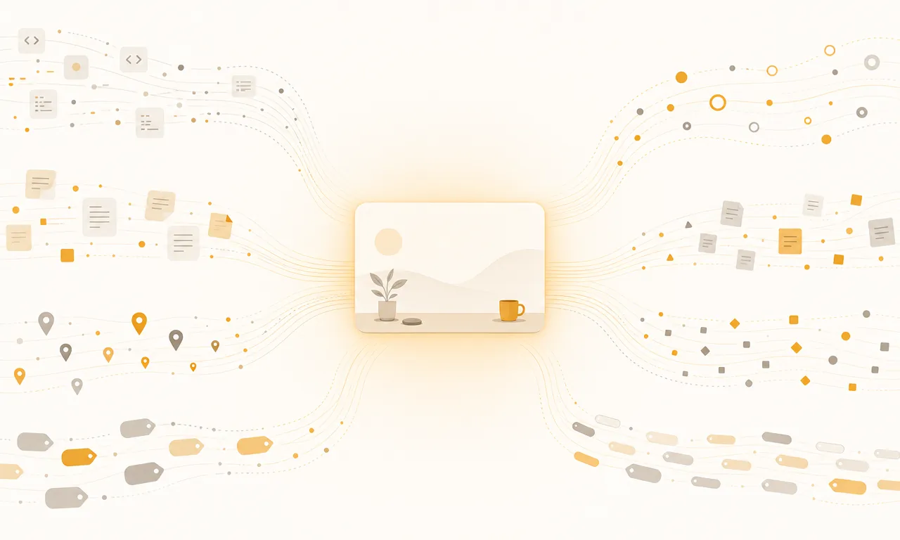 Illustration of product context, materials, competitor signals, and keywords flowing into one growth workspace.