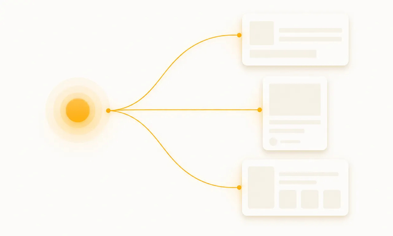 Illustration of channel-native drafts for X, LinkedIn, and a blog being generated from a single source of truth.