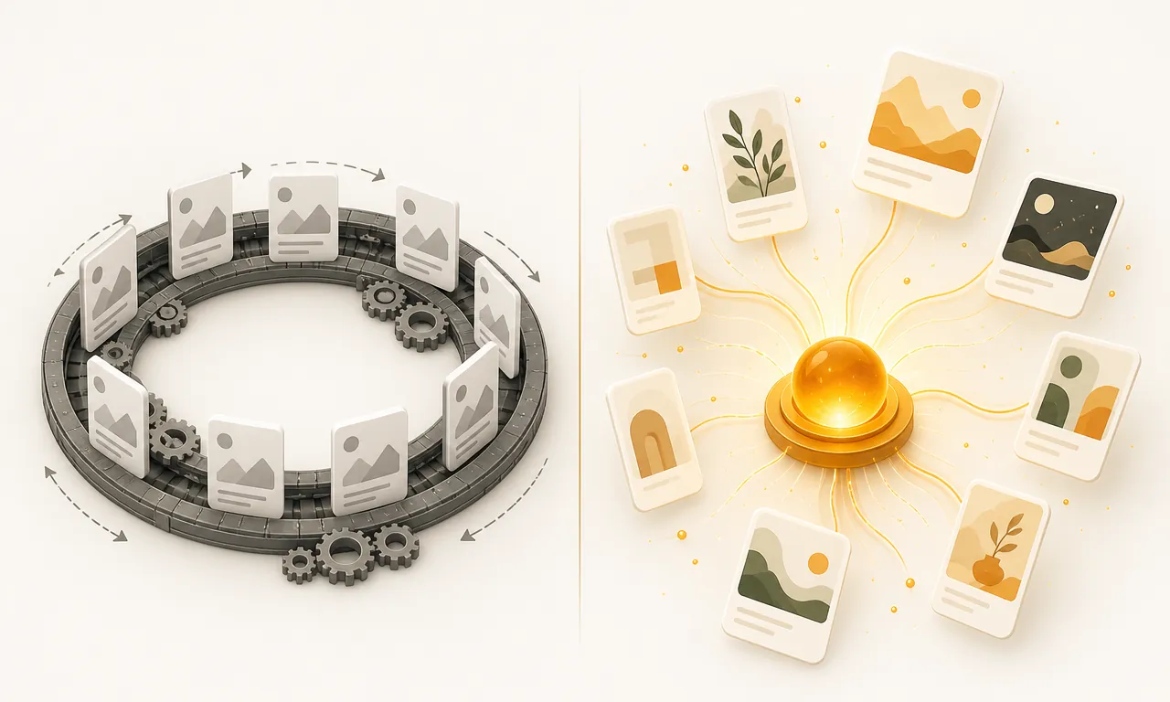 Warm amber illustration contrasting a creator social automation and recycling dashboard with VibeCom's product-context-driven review queue.