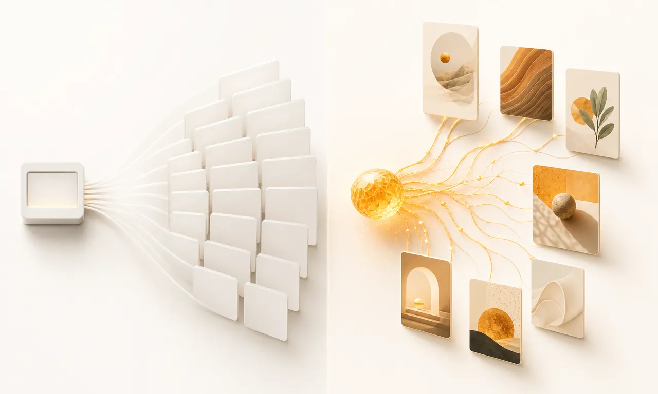 Warm amber illustration contrasting a broad team AI marketing suite with VibeCom's focused product-context-driven review queue for a solo founder.