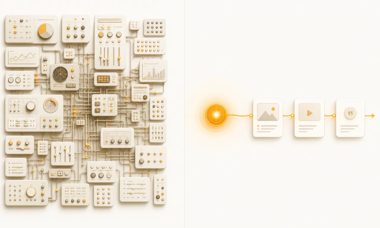 Warm amber illustration contrasting a broad AI CMO autopilot promise with VibeCom's product-context-driven review queue a founder approves.