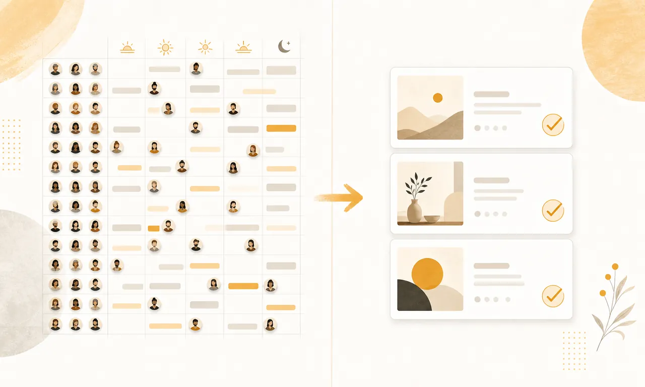 Warm amber illustration contrasting a multi-account social media management calendar with VibeCom's product-context-driven daily review queue.