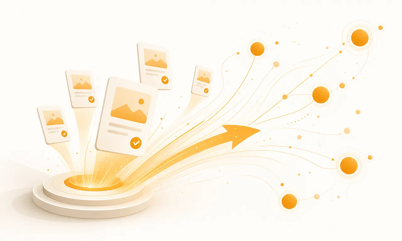 Illustration of approved posts publishing to social channels while the marketing loop keeps moving.