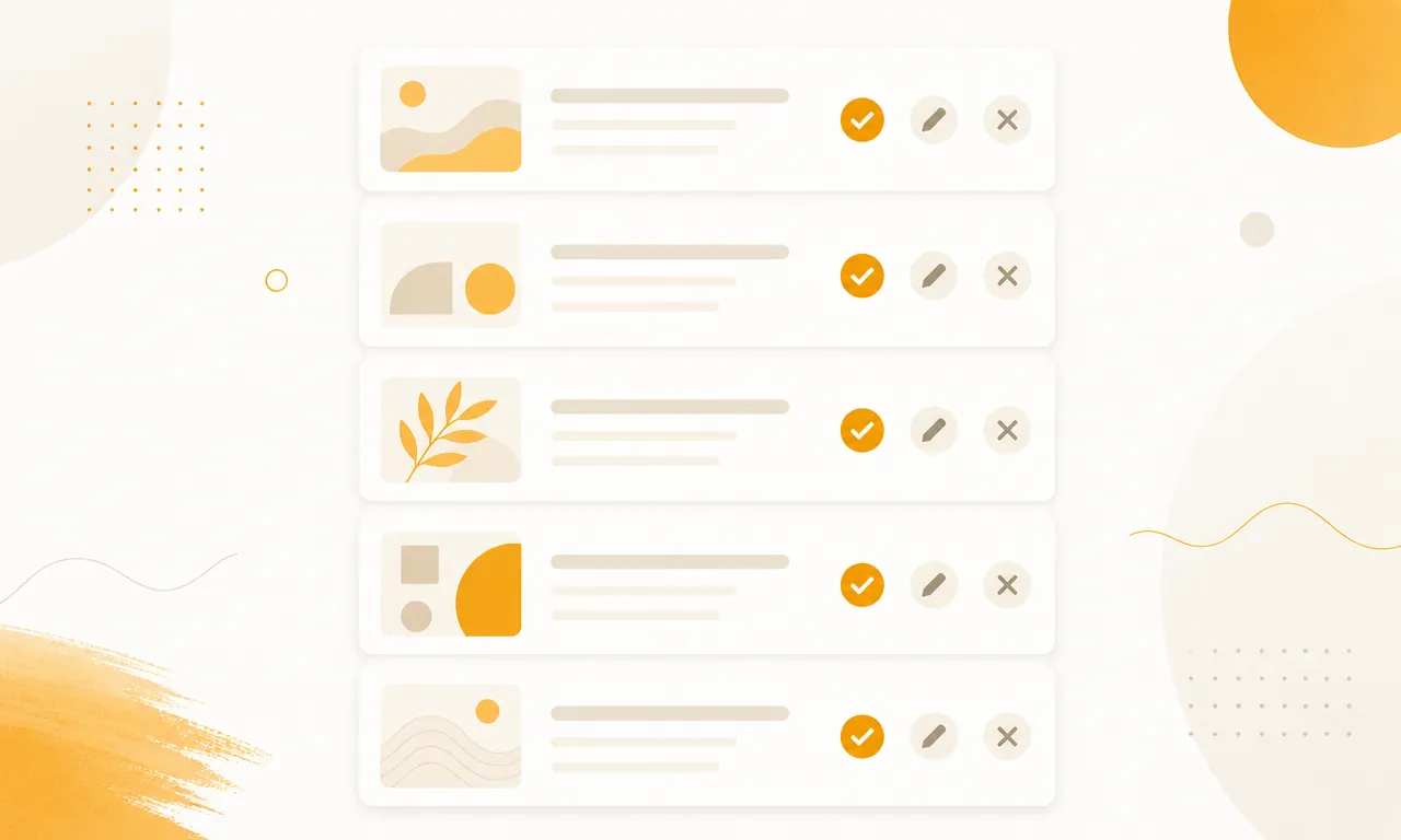 Illustration of a review queue where a founder approves, edits, or skips drafts in a short daily pass.