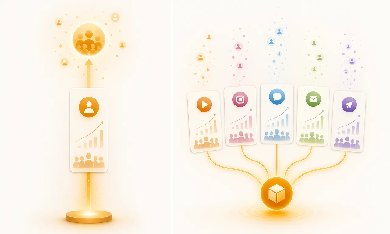 Warm amber illustration contrasting a LinkedIn personal-brand growth dashboard with VibeCom's product-context-driven multi-channel review queue.