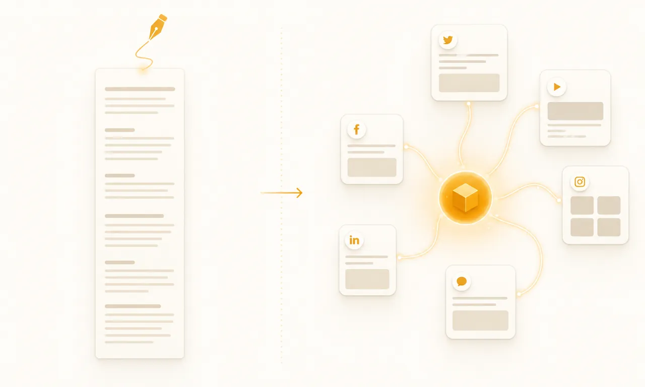 Warm amber illustration contrasting a Twitter thread editor with VibeCom's product-context-driven review queue across X, LinkedIn, and blog.