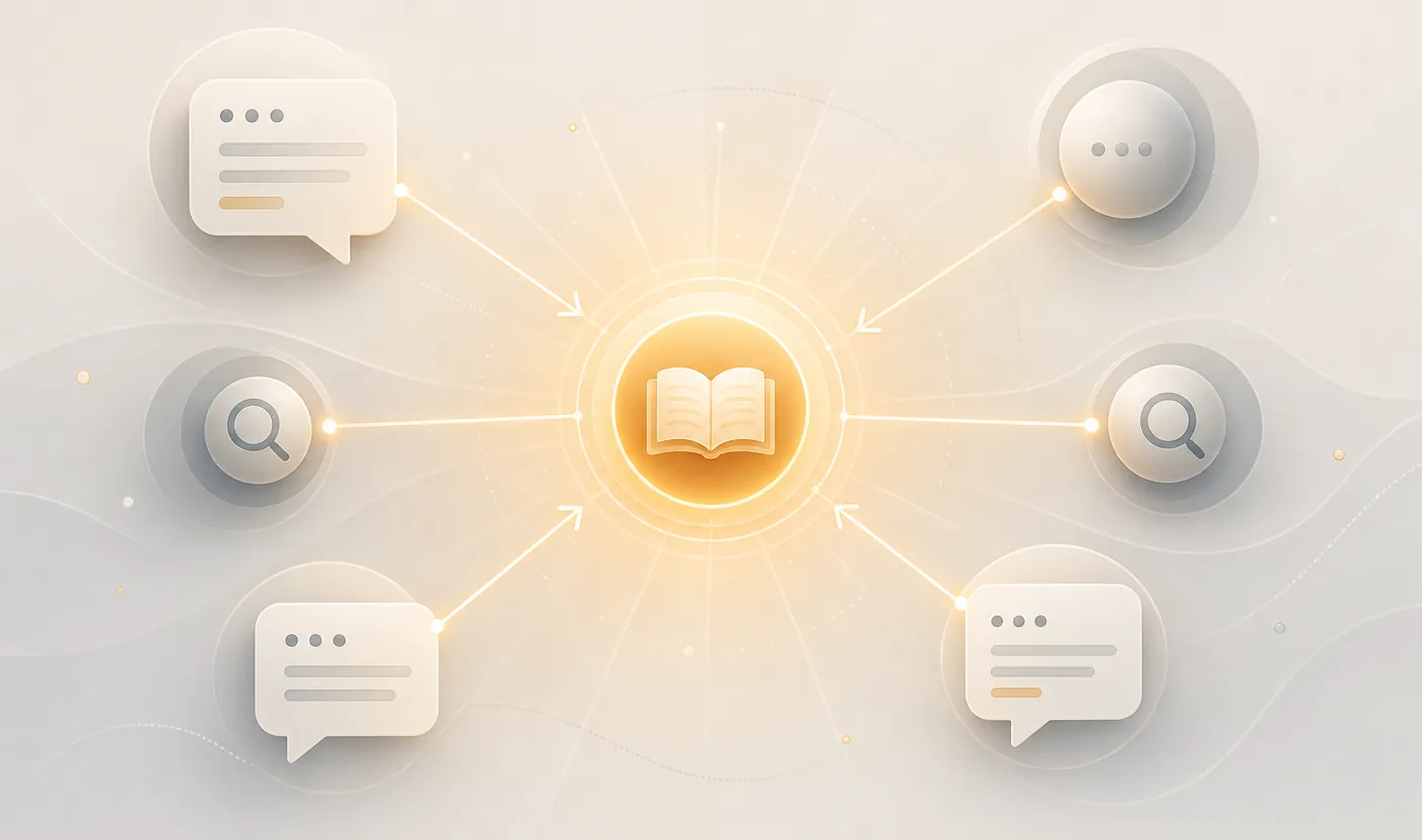 A glowing central knowledge source radiating warm light, with several abstract AI chat and search bubbles connected by lines that point back to it as the cited reference.