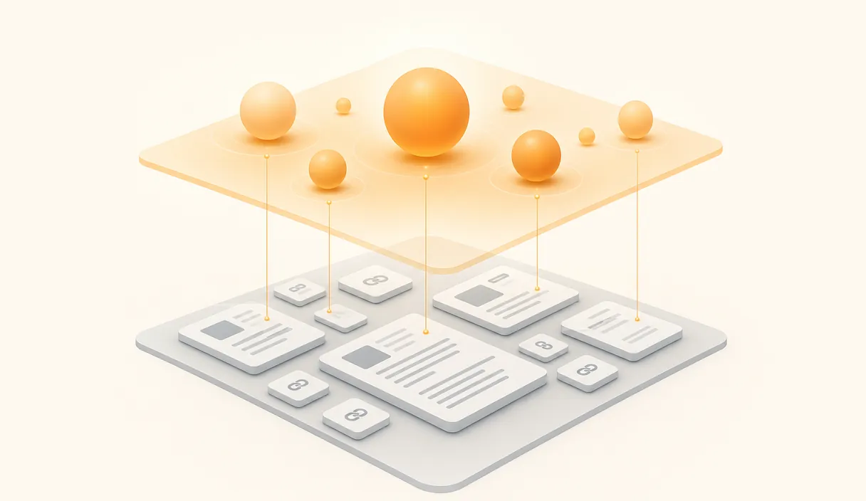 A foundation layer of clean page and link blocks in cool neutrals, with an upper layer of warm amber AI answer orbs connected vertically to show the two layers reinforce each other.