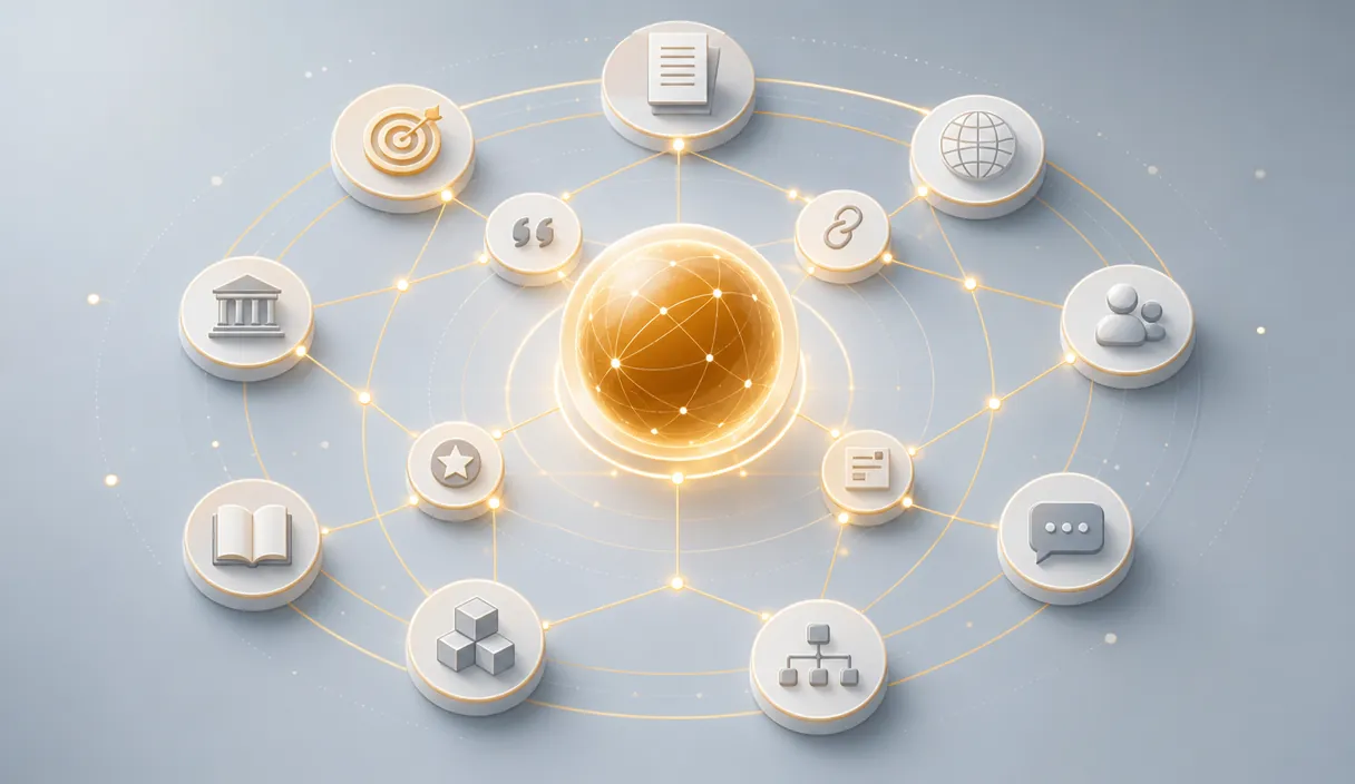 A central brand orb surrounded by orbiting tokens for clear positioning, public references, and structured context, linked by thin amber lines into a small knowledge graph.