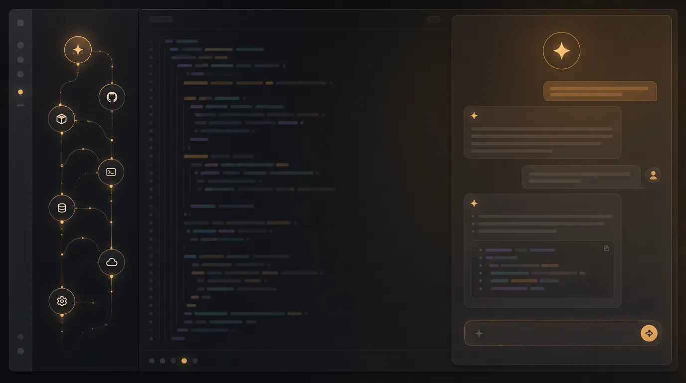 Abstract illustration of a split-view code editor with a sidebar of glowing connected tool nodes on the left and an AI chat panel on the right.