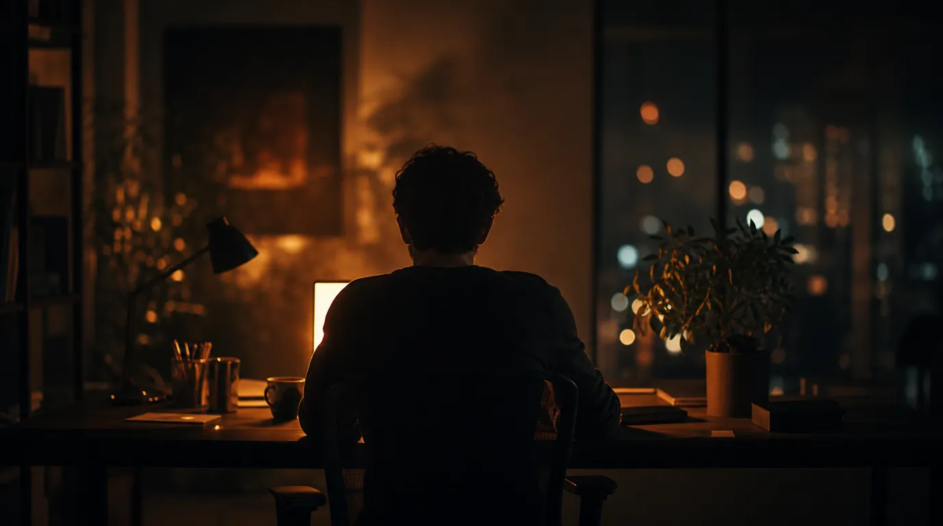 Atmospheric illustration of a solo founder's workspace lit by a warm screen glow late at night.