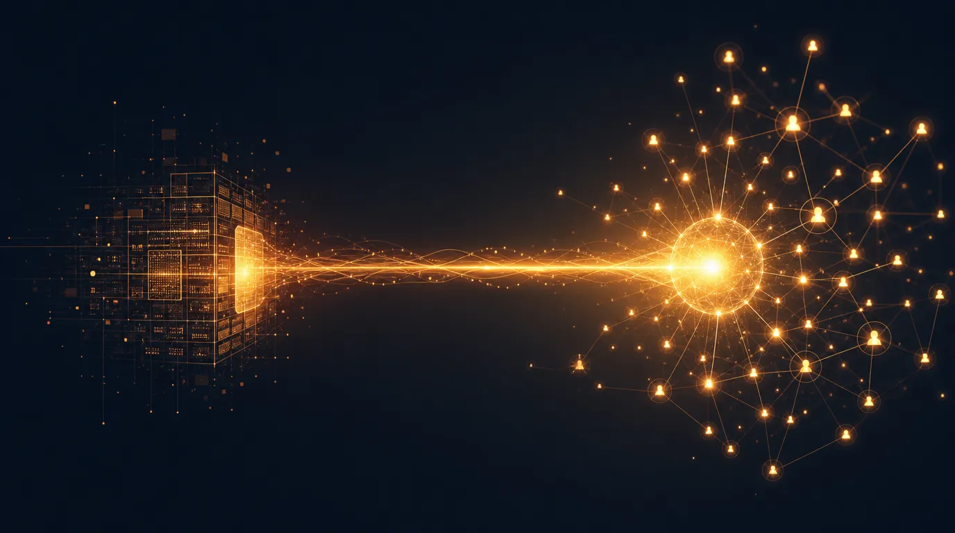 Abstract illustration of a developer terminal emitting warm amber streams of content that branch out into multiple social channels.