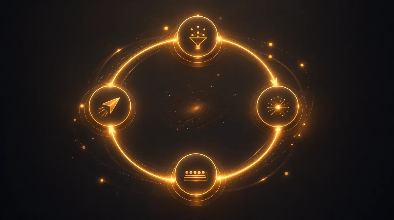 Abstract illustration of a continuous growth automation loop with collect, generate, queue, and publish stages connected by glowing amber arcs.