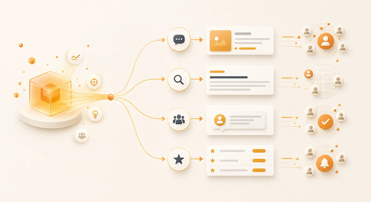 Micro SaaS marketing workflow turning product signals into posts, SEO pages, community answers, and review items
