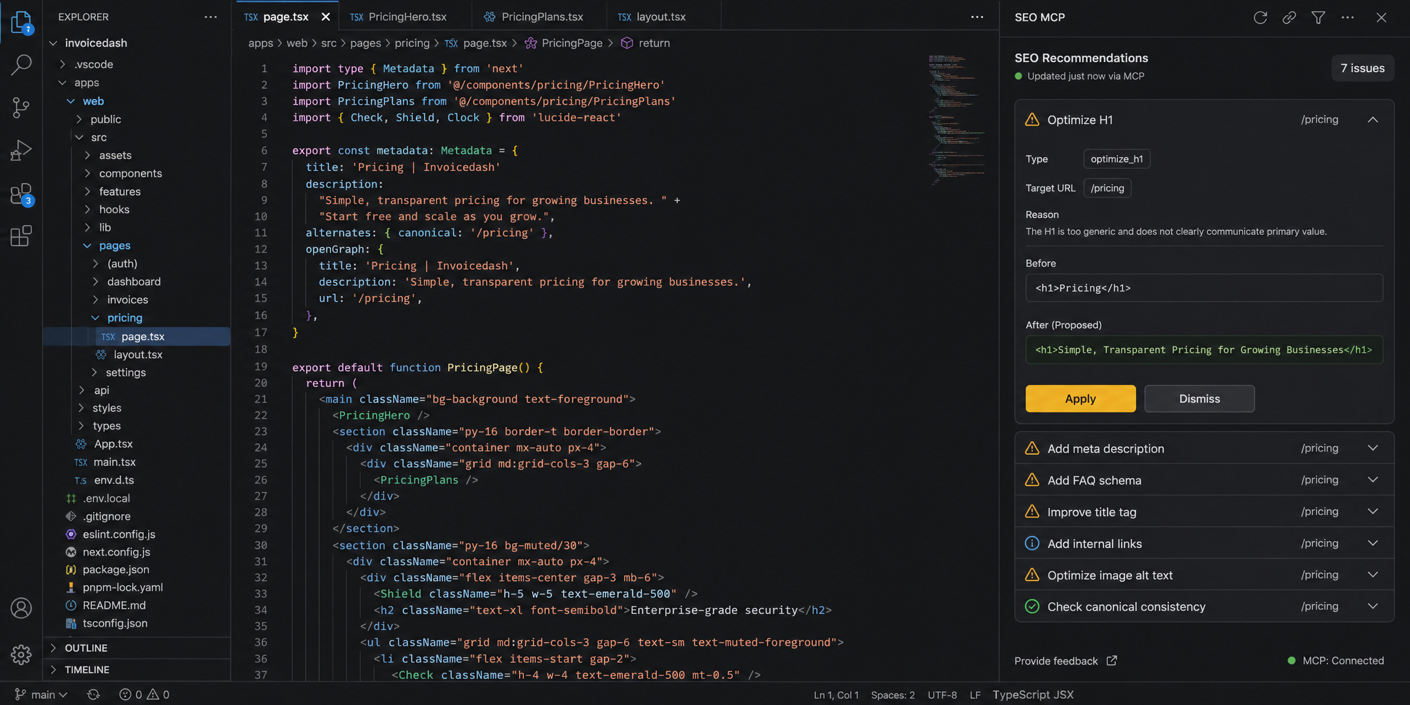 A dark full-width IDE showing SEO recommendations for a fictional invoicing SaaS pulled through MCP into the editor. One optimize_h1 card for the /pricing page is expanded with its reason, proposed change, and Apply or Dismiss actions.