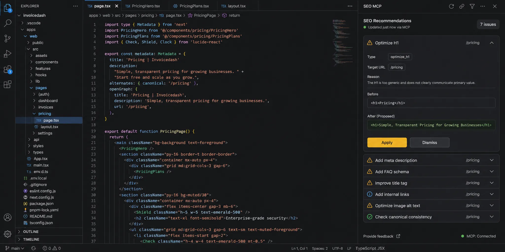 A dark full-width IDE showing SEO recommendations for a fictional invoicing SaaS pulled through MCP into the editor. One optimize_h1 card for the /pricing page is expanded with its reason, proposed change, and Apply or Dismiss actions.