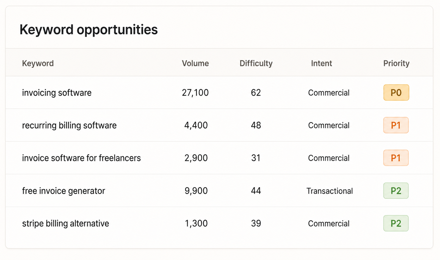A keyword opportunities table from the dashboard for a fictional invoicing SaaS. Columns show keyword, search volume, difficulty, intent, and priority. Rows include invoicing software at 27,100 volume with a P0 badge, plus recurring billing software, invoice software for freelancers, and free invoice generator at lower volumes with P1 and P2 priorities.