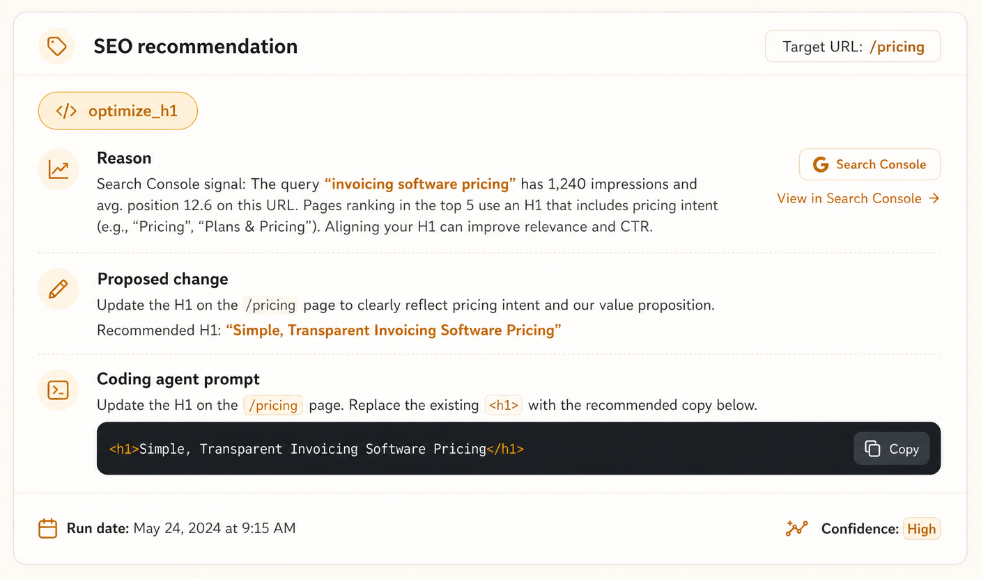 Dashboard recommendation card for the /pricing URL of a fictional invoicing SaaS. The card shows the recommendation type, reason, proposed change, a copy-paste coding-agent prompt, and a metadata row with run date and confidence rating.
