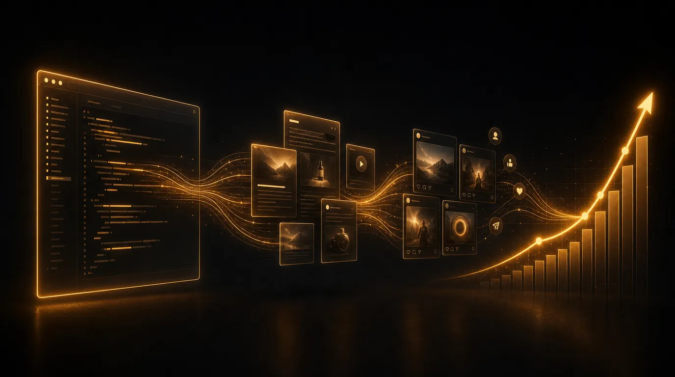 A dark code editor on the left connected by flowing lines to marketing content cards and a rising growth chart on the right, illustrating the vibe marketing shift from building a product to growing it.