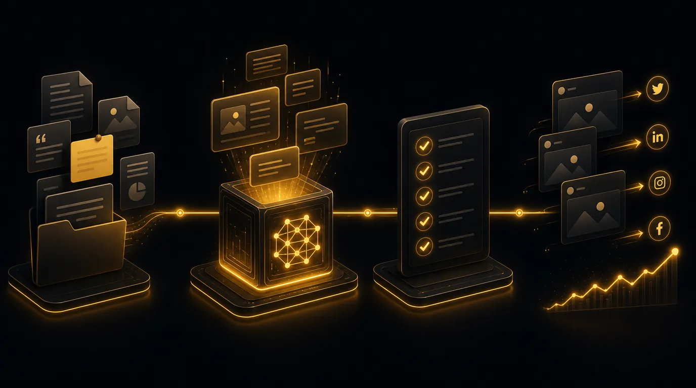 The vibe marketing pipeline: collected note cards, an AI spark generating content, a review checklist with checkmarks, and posts publishing out to social platforms with a rising growth bar.
