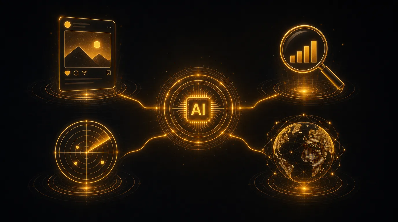 A central AI agent hub connected to several marketing surfaces — a content card, a magnifying glass for SEO, a radar for competitor tracking, and a globe for reach — showing one engine running multiple growth disciplines.