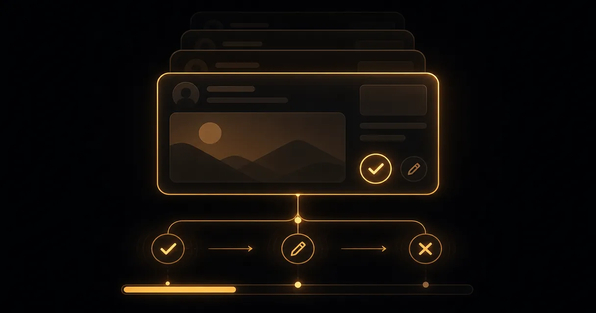 VibeCom review queue showing AI-drafted social posts ready to approve, edit, skip, or schedule in a 5-minute daily review